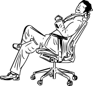 Man sitting on chair vector, Sketch drawing of man rexing of revolving chair, Line art illustraiton of young boy sitting on chair holding tea cup