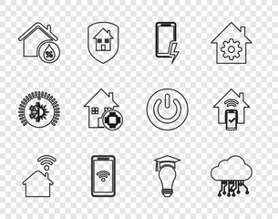 Set line Smart home with wi-fi, Internet of things, Mobile charging battery, wireless, House humidity, Light bulb and graduation cap and remote control system icon. Vector