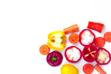 Healthy red and yellow fruits isolated on white background, Healthy Food in differents cut of brocerli, carrots, lemons, gourd, sweet bell peppers, and with pace for text templates