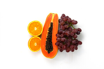TWO pieces of sweet orange and one piece of Papaya isolated on white background