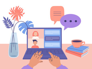 Comfortable workplace. Laptop, flowers, cup of coffee on desktop. Work online, trainings, education, virtual chatting. Hand drawn vector illustration isolated on background, modern flat cartoon style.