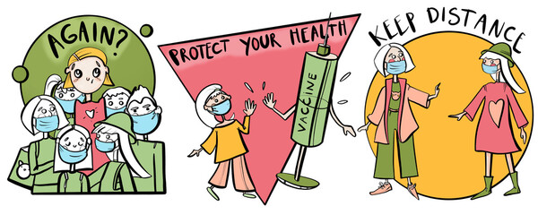 Fototapeta premium a set of illustrations on the topic again coronavirus comic people in cartoon style posters with inscriptions colored bright colors zota about health vaccine keep your distance