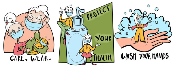 illustrations of a set of colored posters with inscriptions on the topic health and care hygiene coronavirus family and drawn people in cartoon style wash your hands sanitizer wear masks