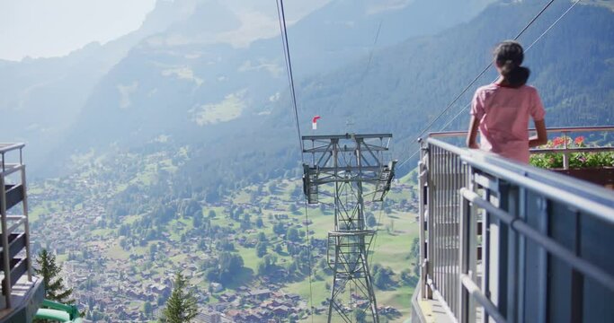 Girl, staring, valley, mountains, ski lift, Switzerland