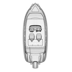 Motor boat wireframe from black lines isolated on white background. View from above. 3D. Vector illustration.