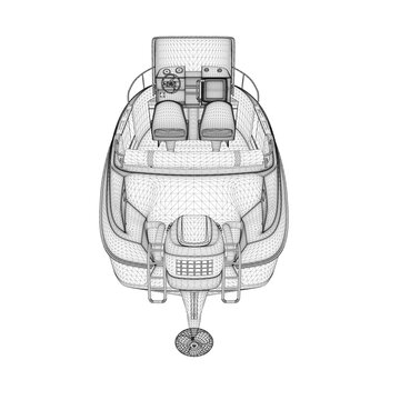 recommend clip art: Motor boat wireframe from black lines isolated on white background. Back view. 3D. Vector illustration.