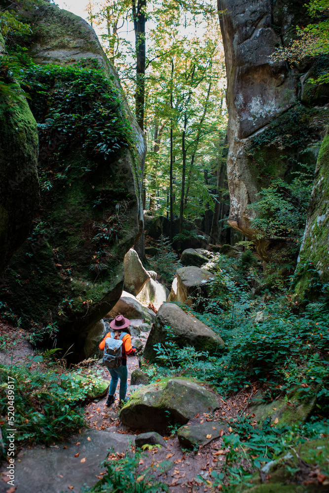 Poster woman traveler with backpack walking by trail in canyon