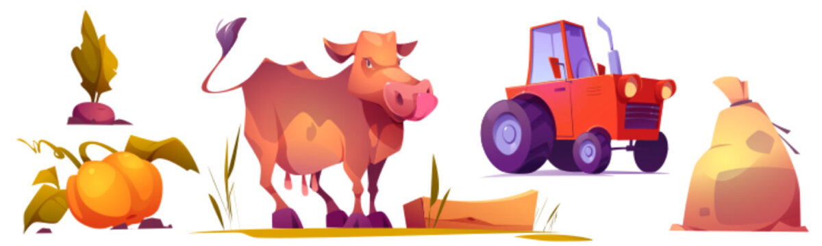 Farm, agriculture and farming items isolated set. Cow, tractor, sack with flour, ripe pumpkin and beetroot isolated elements on white background. Cattle or gardening Cartoon vector illustration, icons
