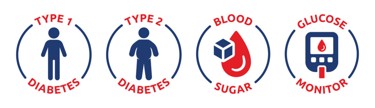 Diabetes type 1 and type 2 with overweight and slim diabetic person. Blood sugar and glucose monitor symbol. Icon vector set illustration.