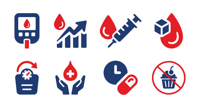 Diabetes icon vector set. Blood sugar level of diabetic people that need insulin. Glucose monitor symbol illustration.