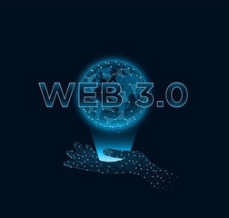 Virtual hand holds up the holographic Earth with text WEB3.0. Sci-fi concept design for backgrounds business, science and technology. Digital visualization. Tech wallpaper web 3.0 Vector illustration.