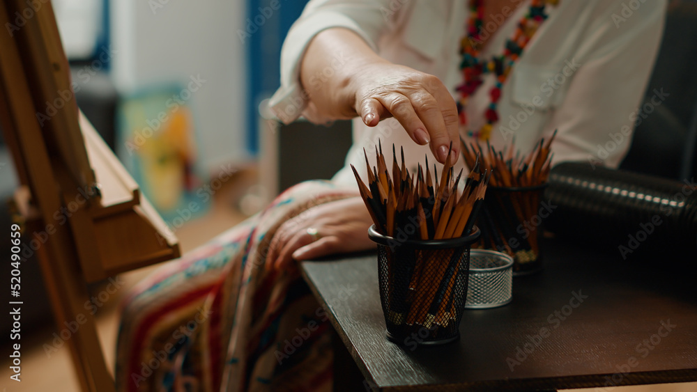 Poster colorful drawing pencils and artistic equipment on table to create professional artwork sketch on ca