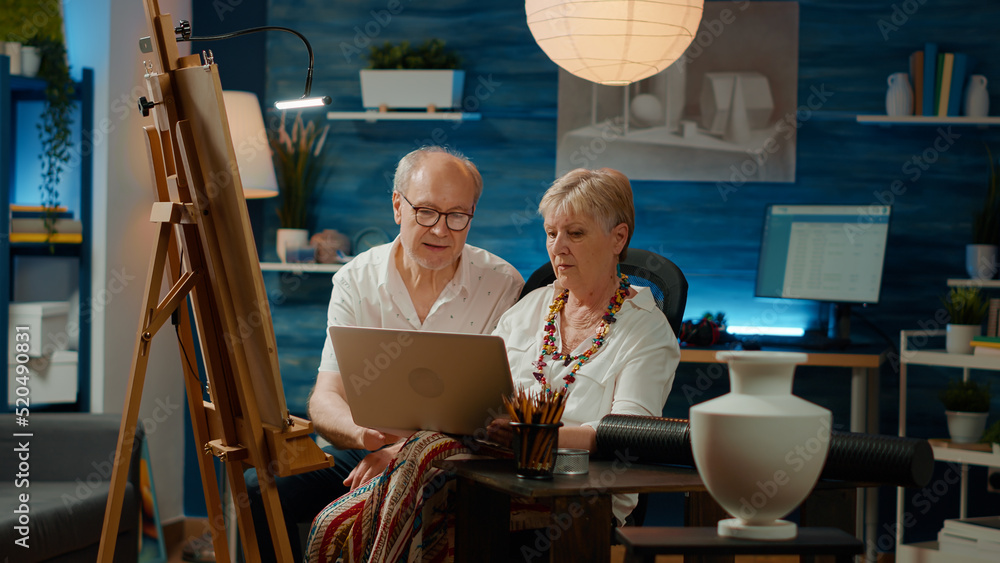 Poster team of old artists using laptop to find drawing inspiration online, searching sketch model on compu