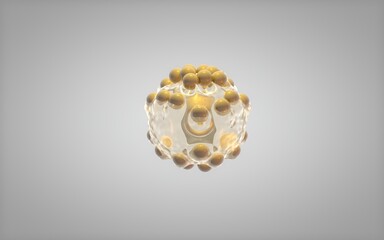 3D image. Transparent round ball of liquid, water or gel. Golden balls of particles float in it, fill and sink. - 520490889