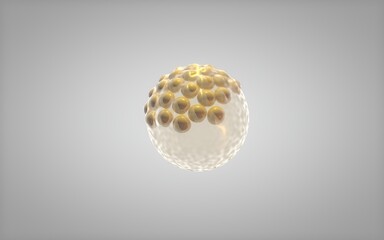 3D image. Transparent round ball of liquid, water or gel. Golden balls of particles float in it, fill and sink. - 520490891