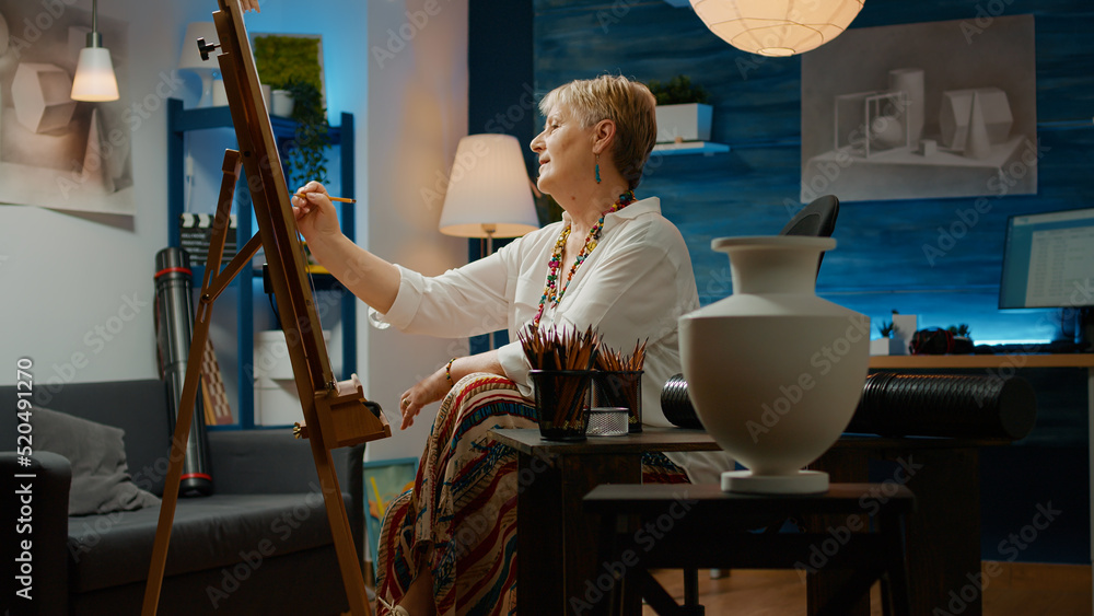 Poster creative person looking at vase design to draw model for hobby, drawing sketch masterpiece with arti