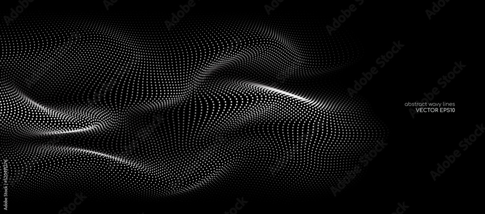Aufkleber flowing dots particles wave pattern white light isolated on black background. vector in concept of t