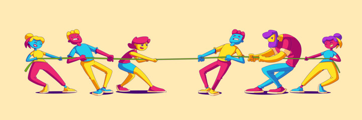 Business teams tug of war battle, opposite groups pull rope during competition or rivalry. Contemporary characters fighting for leadership, arguing, wrestling, Line art cartoon vector illustration