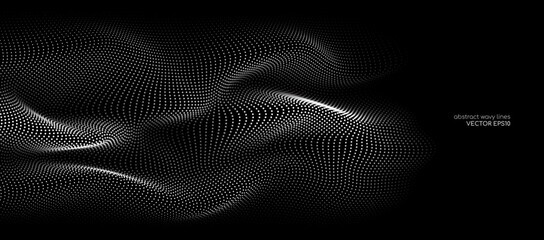 Flowing dots particles wave pattern white light isolated on black background. Vector in concept of technology, science, music, modern. - obrazy, fototapety, plakaty