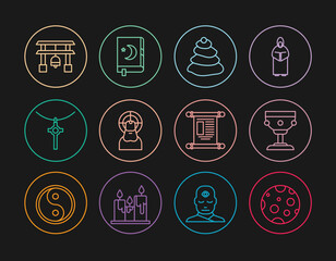 Set line Moon, Christian chalice, Stack hot stones, Jesus, cross chain, Japan Gate, Decree, paper, parchment, scroll and Holy book of Koran icon. Vector