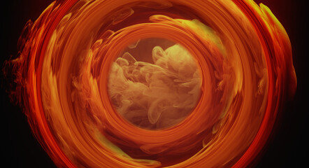 Color smoke circle. Ink water swirl. Fire flame vortex. Orange red yellow fume in round burning...