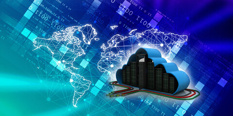 3d illustration Data center server connected aux cable