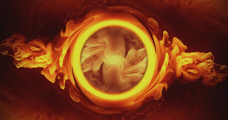 Color smoke ring. Burning vortex. Occult portal. Inferno blast. Golden orange red vapor round frame...