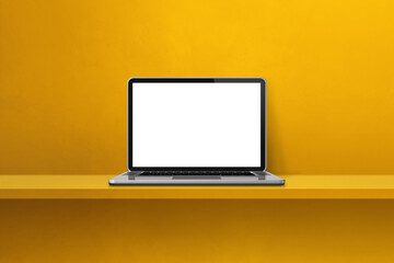Fototapeta na wymiar Laptop computer on yellow shelf background
