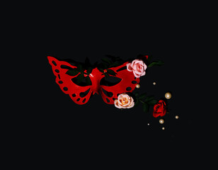 Red carnival mask, creative arrangement with floral elements on black background. 