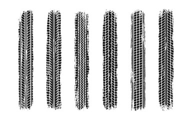 Auto tire tread grunge set. Car and motorcycle tire pattern, wheel tyre tread track. Black tyre print. Vector illustration isolated on white background.