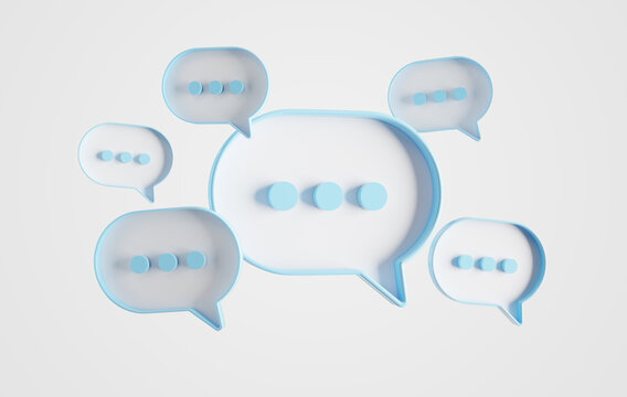 Minimalist blue speech bubbles talk icons floating over white background. Modern conversation or social media messages with shadow. 3D rendering