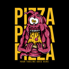t shirt design pizza with crazy monster eating pizza with black background vintage illustration