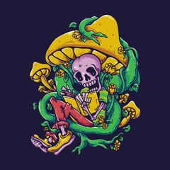 vector illustration skeleton reading book under the giant mushroom vintage illustration