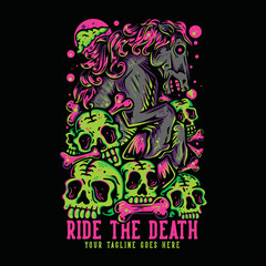 t shirt design ride the death with muscular horse on the skulls with black background vintage illustration