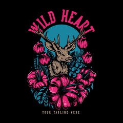 t shirt design wild heart with deer surrounded by flowers with black background vintage illustration