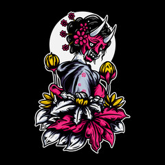 vector illustration geisha wearing japanese demon mask with black background vintage illustration