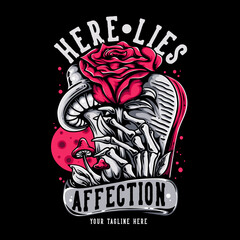 t shirt design here lies affection with skeleton hand rise from grave grabbing rose flower with black background vintage illustration