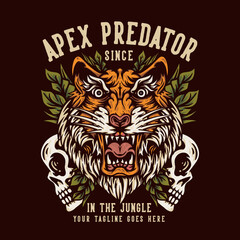 t shirt design apex predator since in the jungle with tiger head and skull with dark brown background vintage illustration
