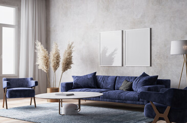 Rustic room design with dark blue sofa and dried flowers on gray interior background, 3d render 