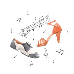 Beautiful composition with watercolor hand drawn low shoe and high heeled with music notes as asymbol of dance party retro disco. Stock clip art illustration.