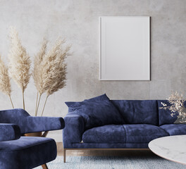 Rustic room design with dark blue sofa and dried flowers on gray interior background, 3d render  © lilasgh