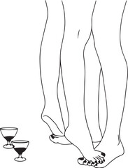line drawing of female legs and  glasses of wine nearby