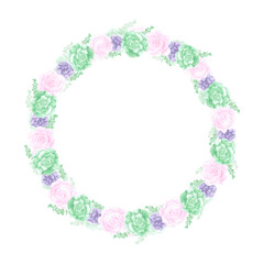 Succulent plants round frame boarder on white Background. Hand drawn Watercolor set. Botanical delicate illustration. Scrapbook design elements. Typography poster, card, label, banner design.