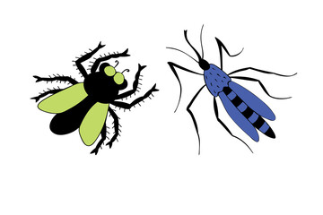 Vector colorful fly, mosquito in flat style. Top view insects. Cliparts, design elements on theme of nature, spring, summer, isolated
