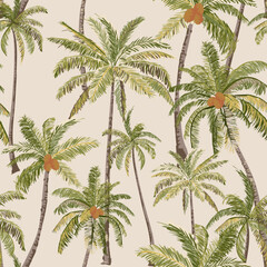 Beautiful Tropical Palm Hawaii seamless pattern, Vintage Hawaii style, palm hand draw illustration, Palm Vector illustration On Beige Background Wallpaper