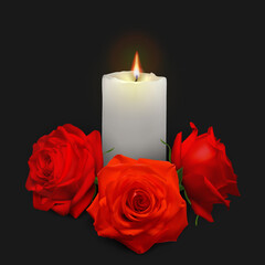 Realistic candle and rosebuds on a black background. Vector illustration