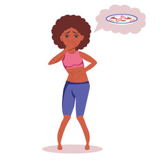Very thin African American woman with mental disorder anarexia and bulimia feels nauseous thinking about food, loses weight, feels guilty