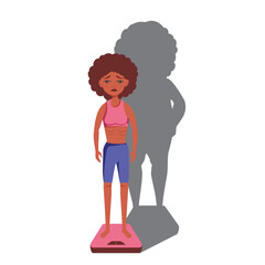 very thin Afro American Black woman with a mental disorder of anarexia and bulimia stands on the scales, feeling fat, feeling a fat shadow behind her - obrazy, fototapety, plakaty