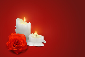 Realistic candles and rosebud on a red background. Vector illustration