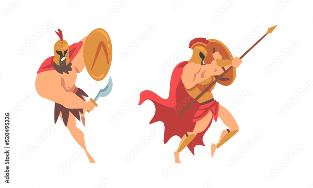 Poster spartan man in red cloak and helmet armed with spear and shield attacking vector set